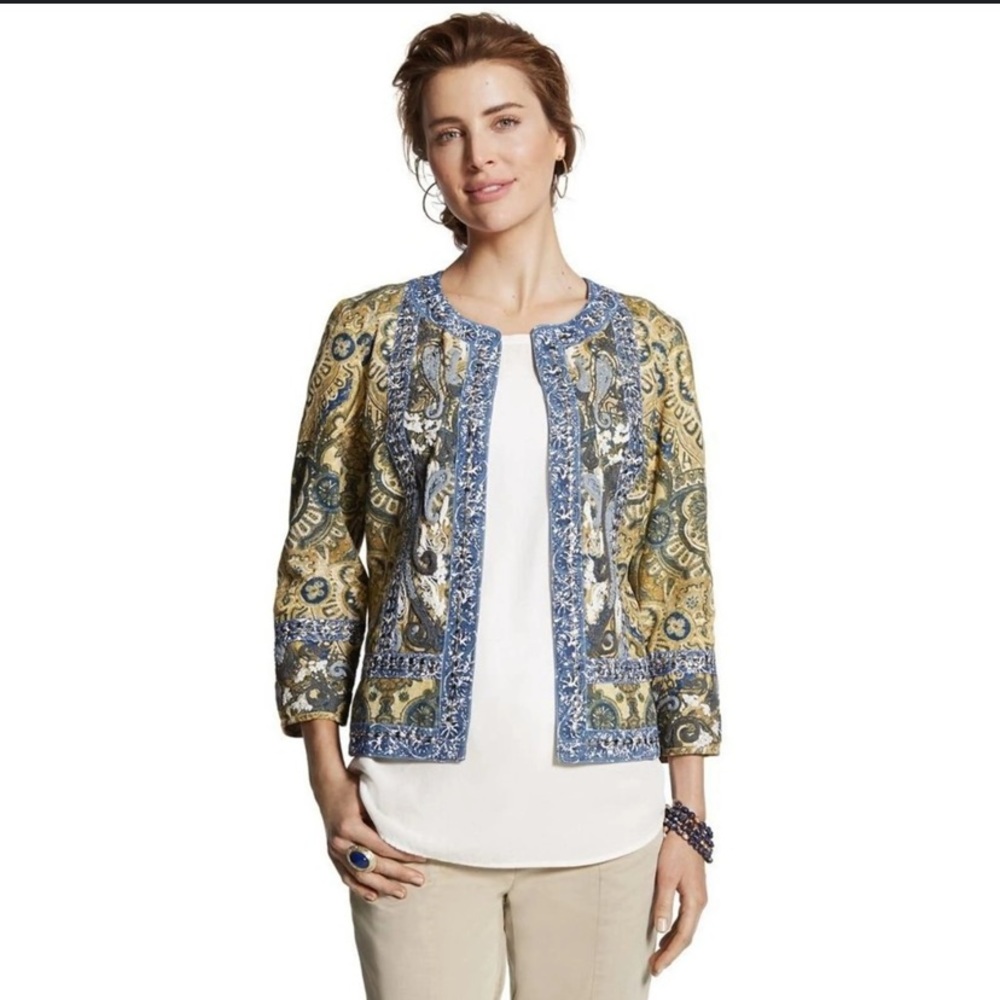 Chicos Paisley 3/4 Sleeve Embellished Embroidered Blazer Sz M